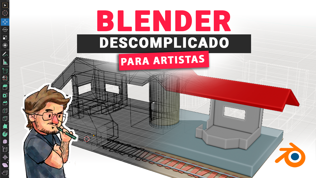Capa do curso Blender Descomplicado para Artistas, com Xuim e a estação entre estrutura e volume