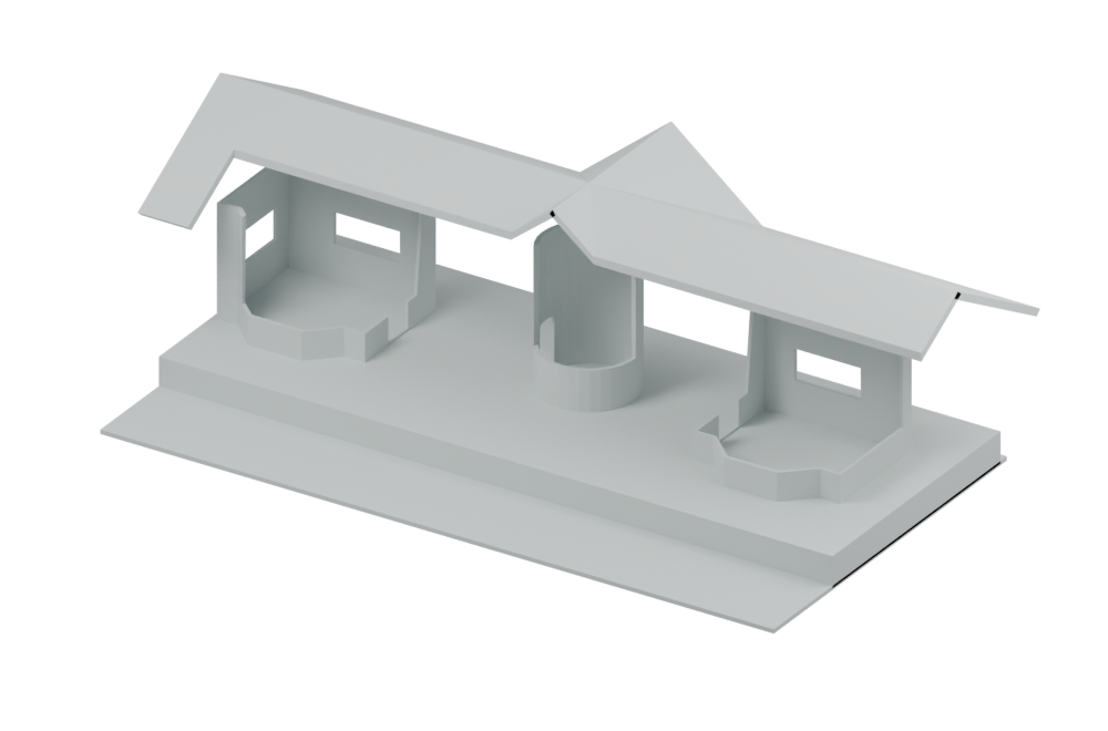 Render 3D da estação em volumes neutros, com a cobertura separada