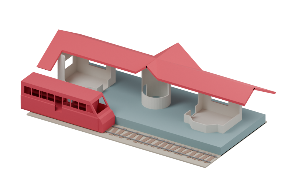 Render 3D da estação completa, com trem, materiais e iluminação