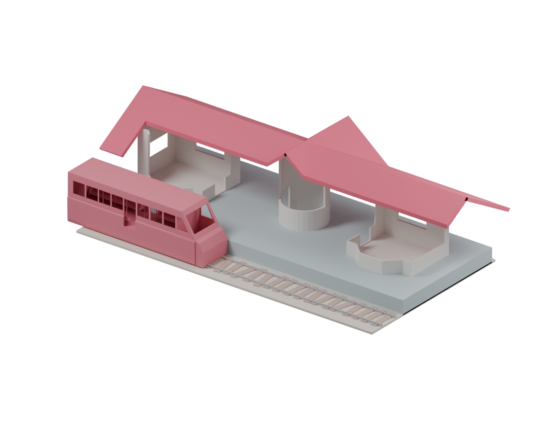 Modelo da estação de trem, com plataforma, cobertura, trilhos e trem